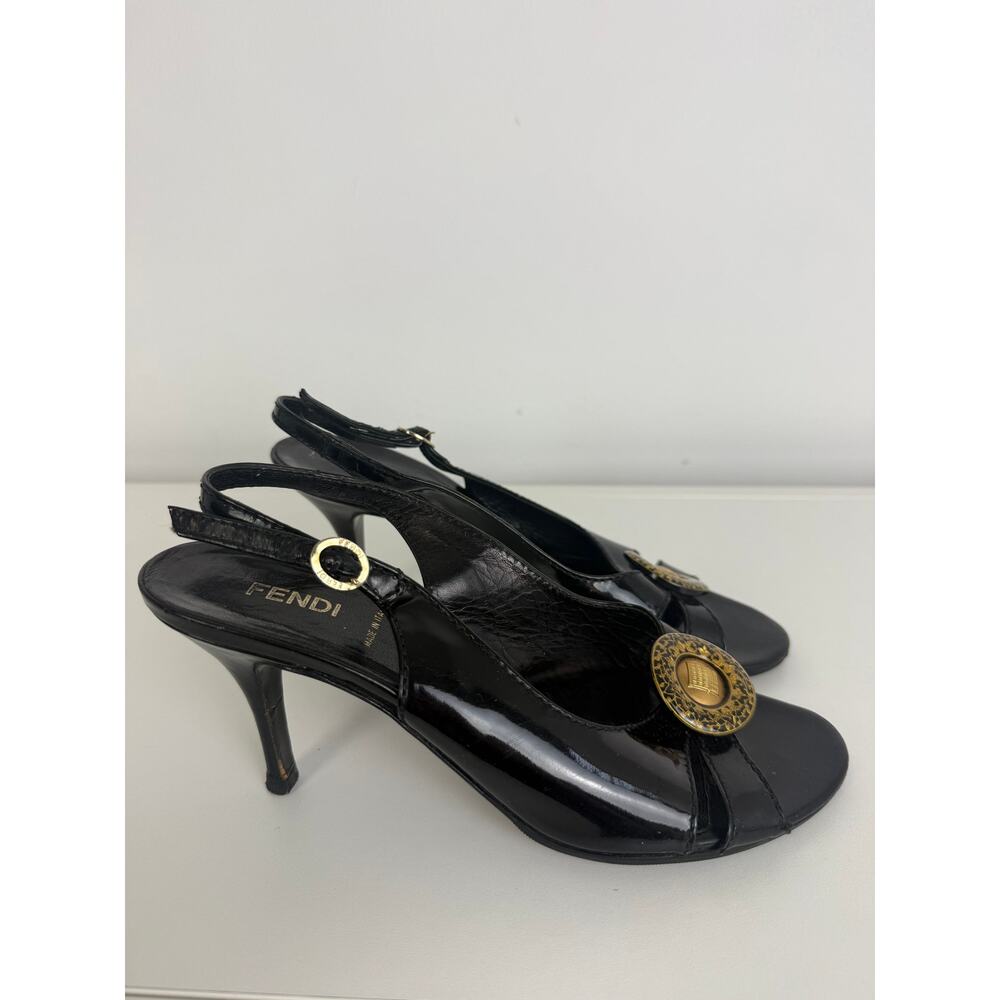 Vintage Fendi Womens Open Toe Slingback Kitten Black Patent Stiletto Heels EU 36